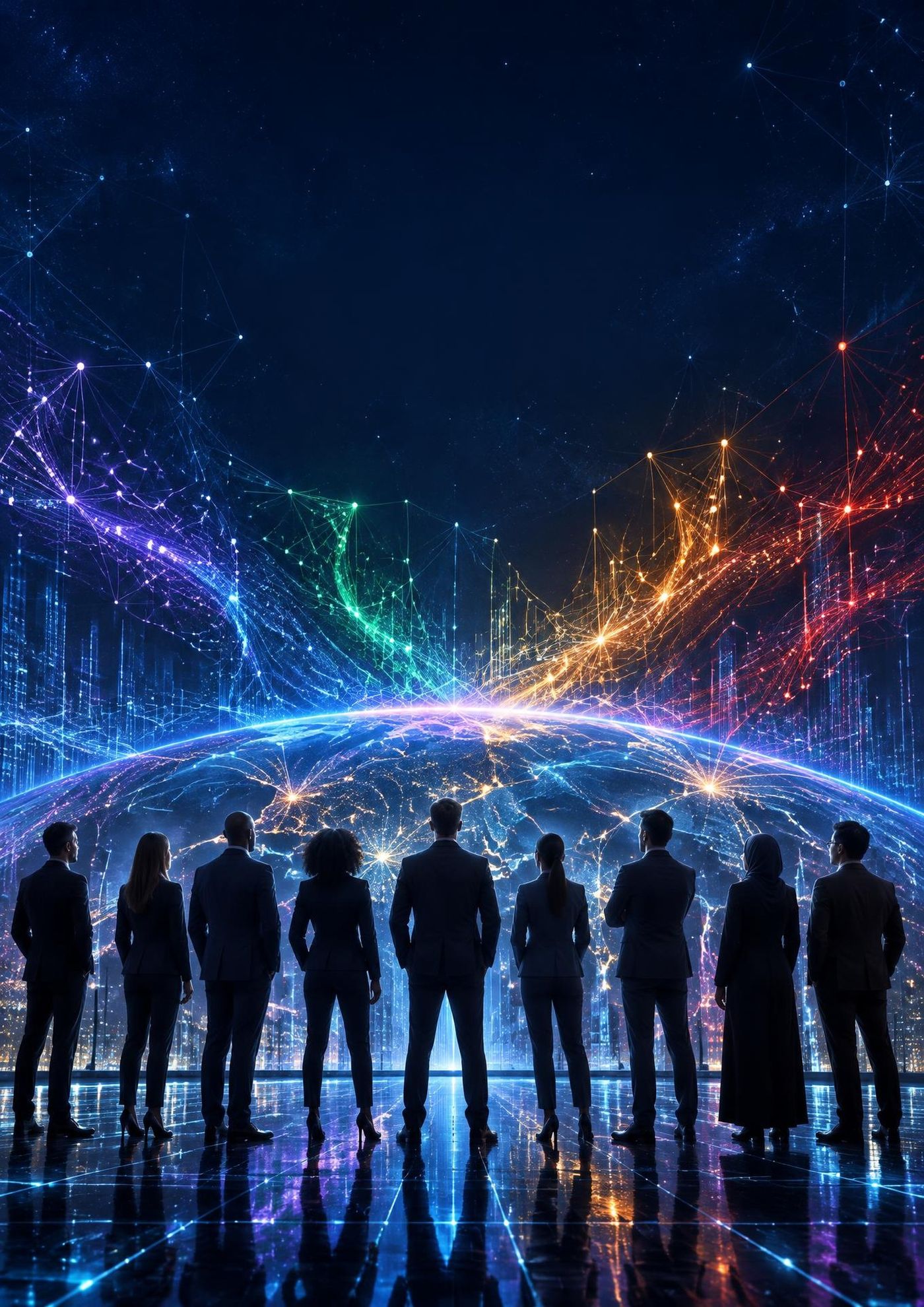Business leaders facing a glowing network of light